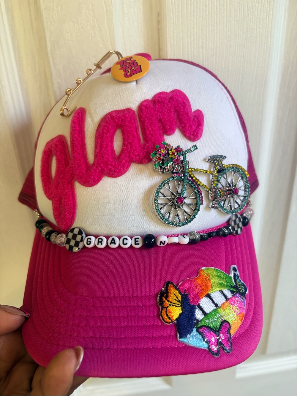 Women Pink & White Embellished Cap with Bicycle and Bead Details